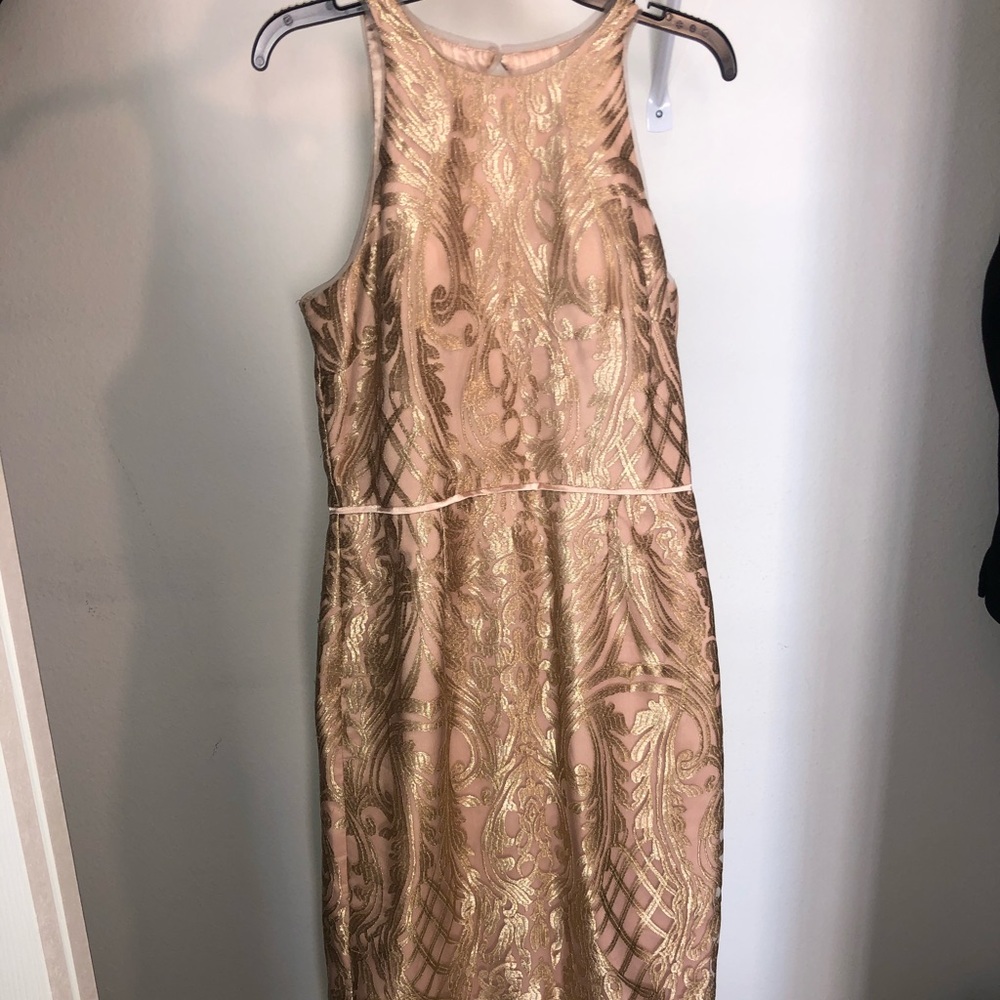 Gold Embroidered Sheath Dress - Women's Pink Gold Party Dress
